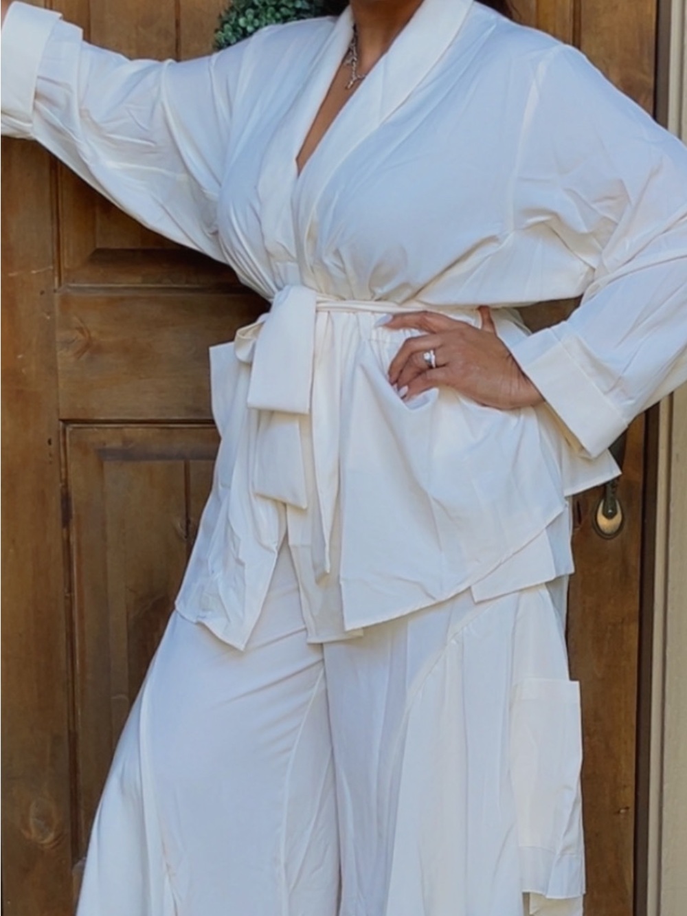 Satin Cream Wrap Robe with Self-Tie Belt